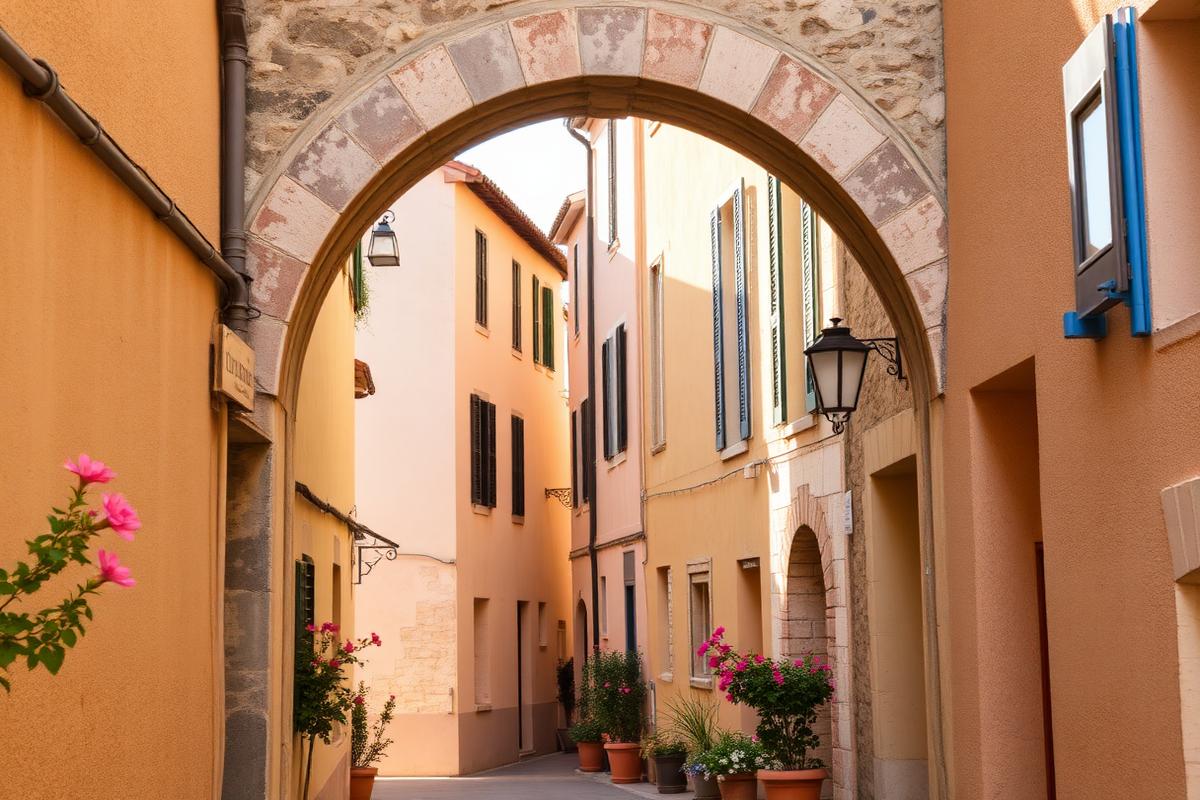 Ruelle du vieux centre de Hyères entre des façades provençales