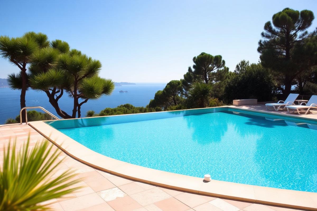 Piscine d'une résidence à Hyères entourée de végétation méditerranéenne