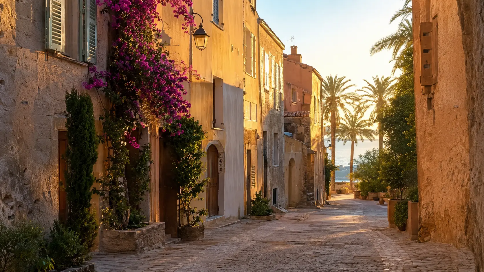 Ruelle méditerranéenne aux façades ocre et bougainvilliers au soleil couchant