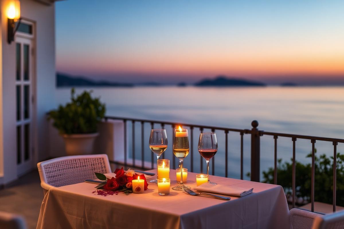 Dîner aux chandelles pour deux sur une terrasse avec vue sur la Méditerranée