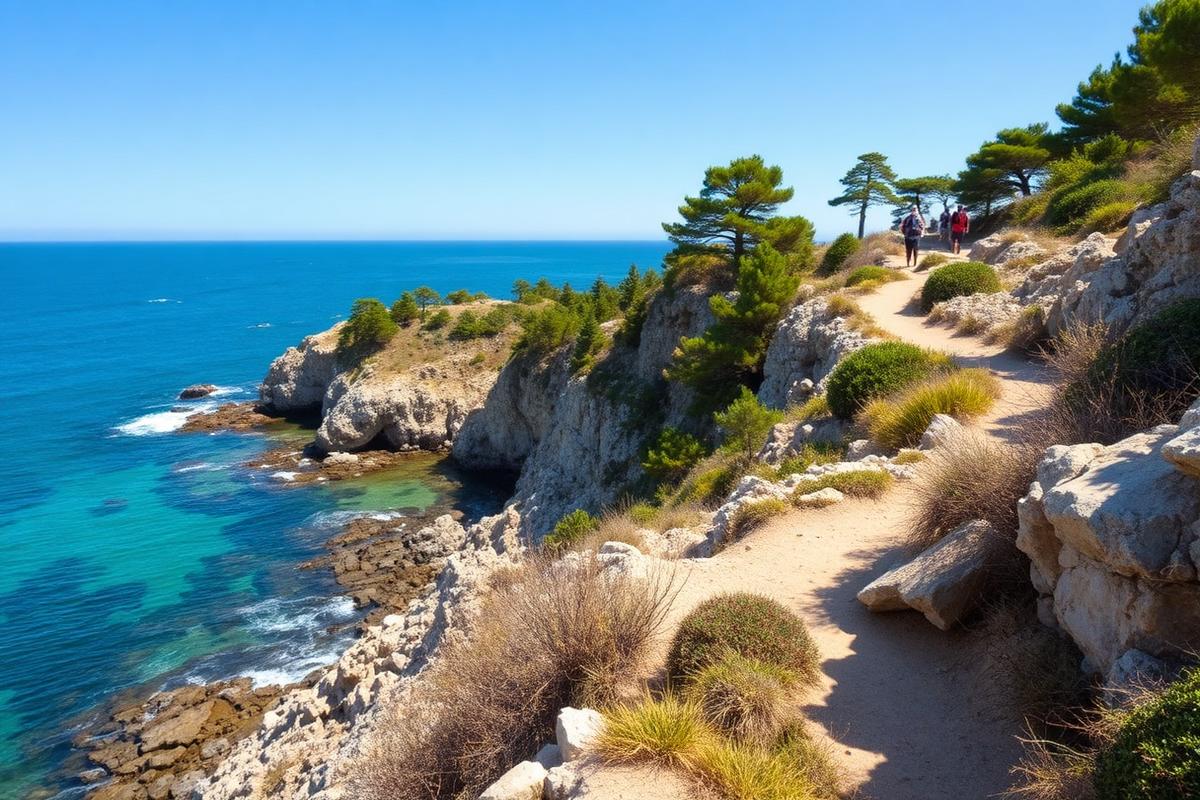 Sentier côtier rocheux et pins sur la presqu’île de Giens